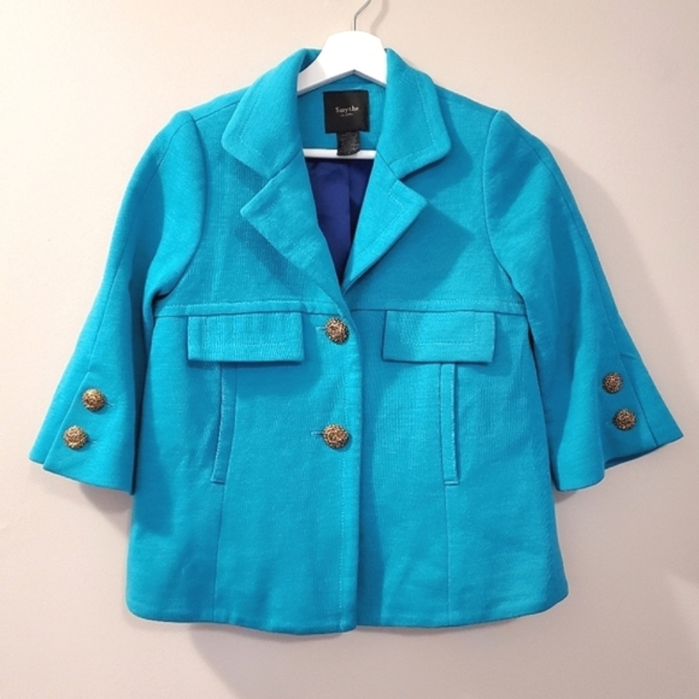 Smythe Turquoise Blue Short Blazer with Gold Buttons